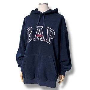 GAP Navy Logo Spell Out Fleece Hoodie VINTAGE